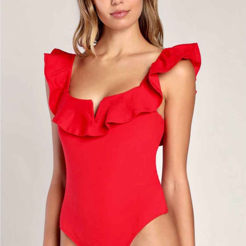 Lulu’s Bodysuit Play It Red Ruffled Sleeveless Bodysuit